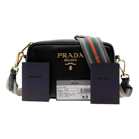 Prada Milano Vitello Phenix Nero Leather Crossbody Bag Web Stripe - Picture 4 of 6